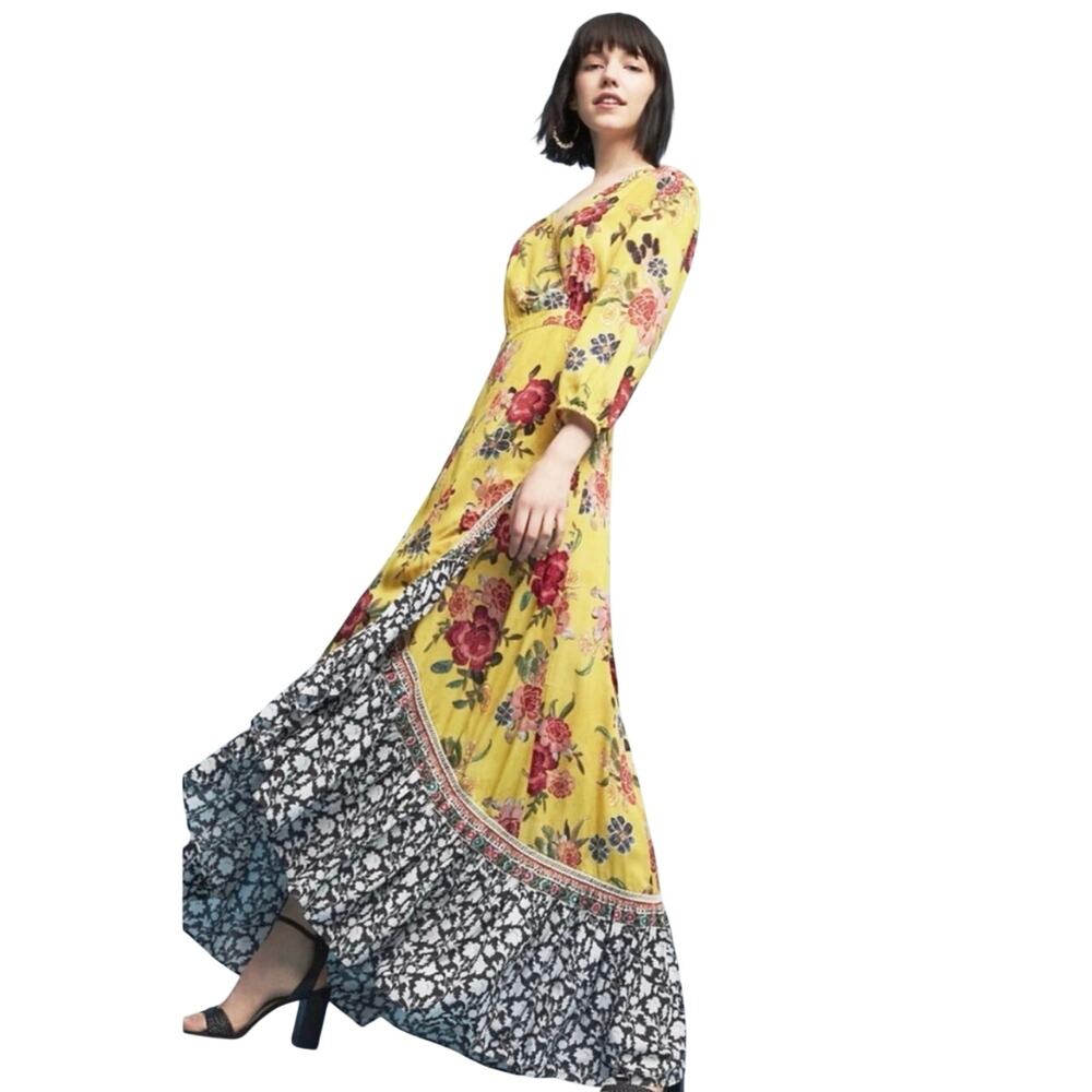 FARM Rio Yellow Floral Maxi Dress with Black & White Border